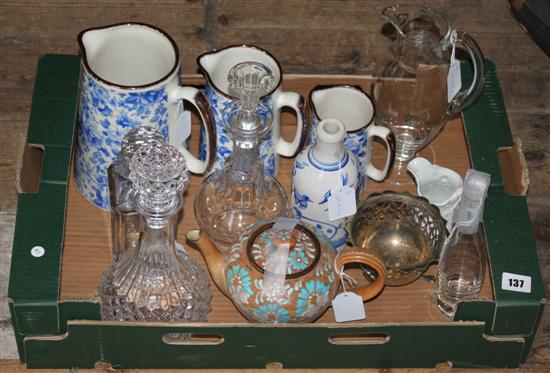 Set 3 graduated blue, white & lustre jugs, Krosno flask, Doulton Slaters teapot, 3 decanters & sundries